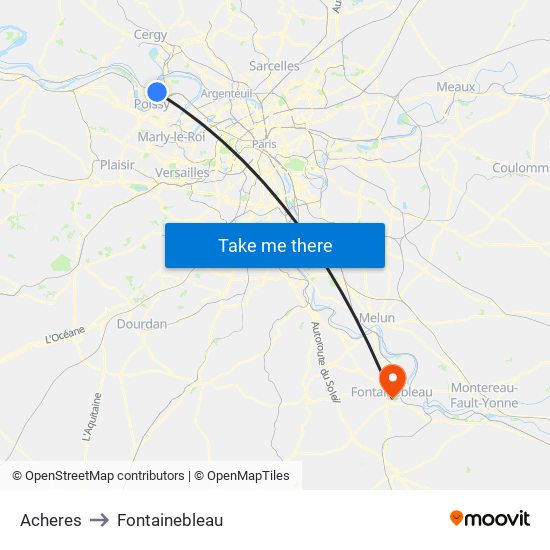 Acheres to Fontainebleau map