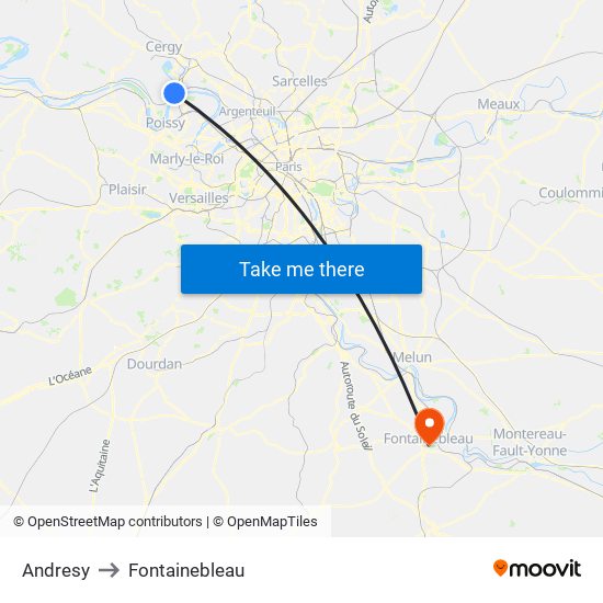 Andresy to Fontainebleau map