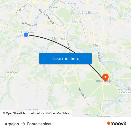 Arpajon to Fontainebleau map