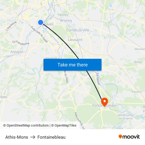 Athis-Mons to Fontainebleau map