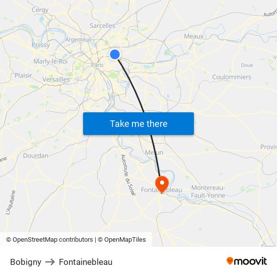 Bobigny to Fontainebleau map