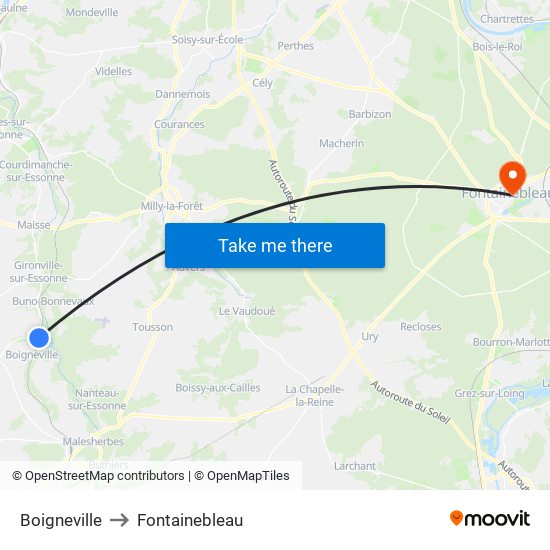 Boigneville to Fontainebleau map