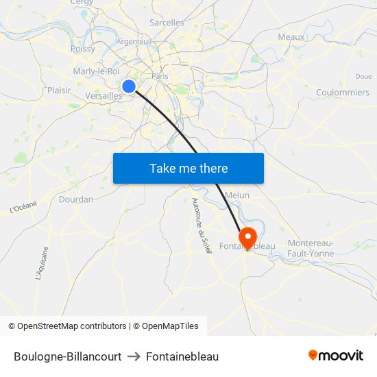 Boulogne-Billancourt to Fontainebleau map