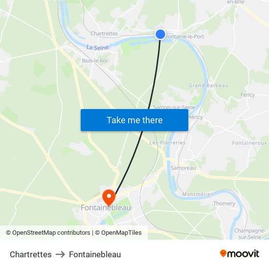 Chartrettes to Fontainebleau map