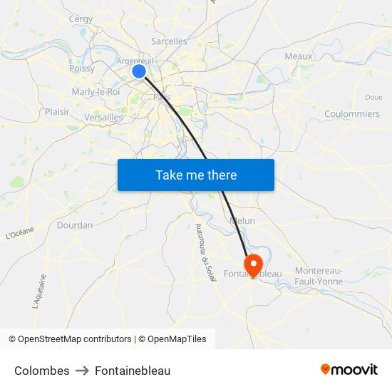 Colombes to Fontainebleau map