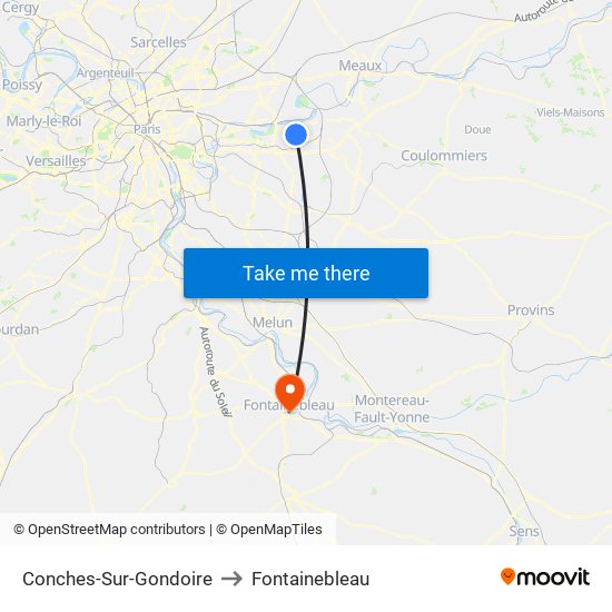 Conches-Sur-Gondoire to Fontainebleau map