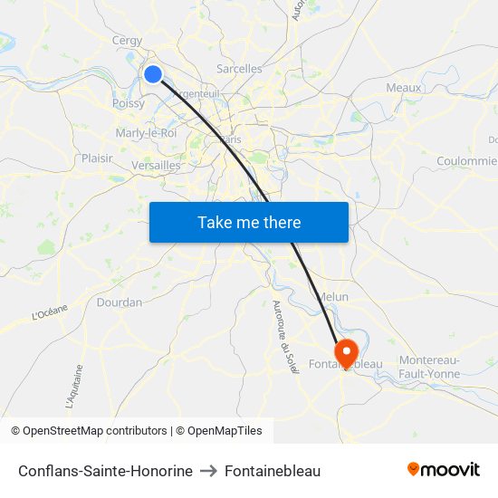 Conflans-Sainte-Honorine to Fontainebleau map