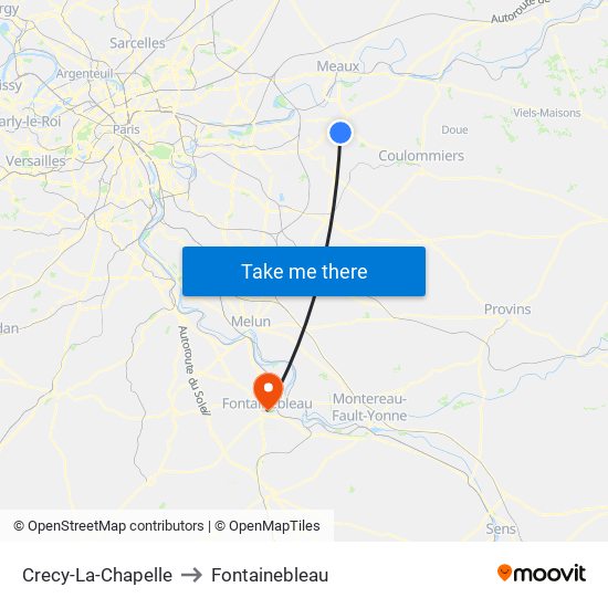 Crecy-La-Chapelle to Fontainebleau map
