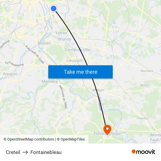 Creteil to Fontainebleau map