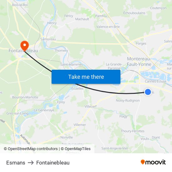 Esmans to Fontainebleau map