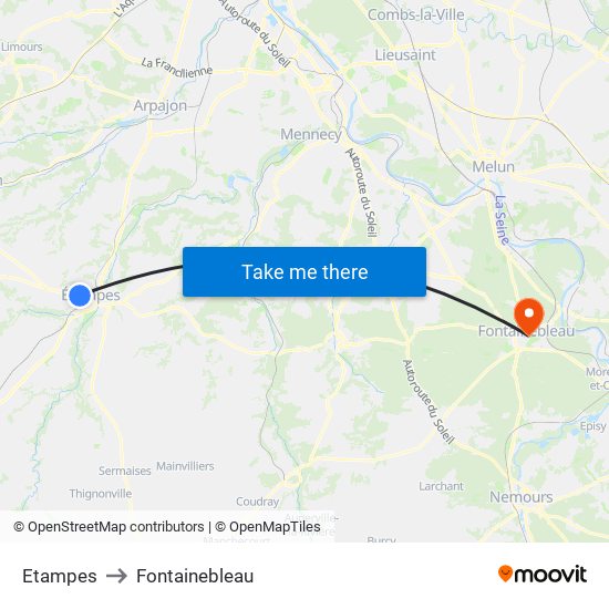 Etampes to Fontainebleau map