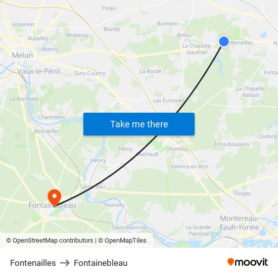 Fontenailles to Fontainebleau map