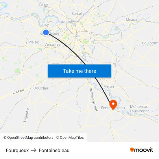 Fourqueux to Fontainebleau map