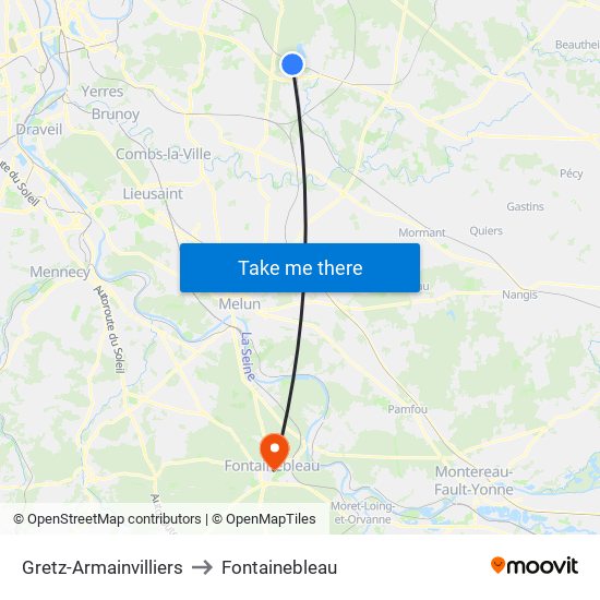 Gretz-Armainvilliers to Fontainebleau map