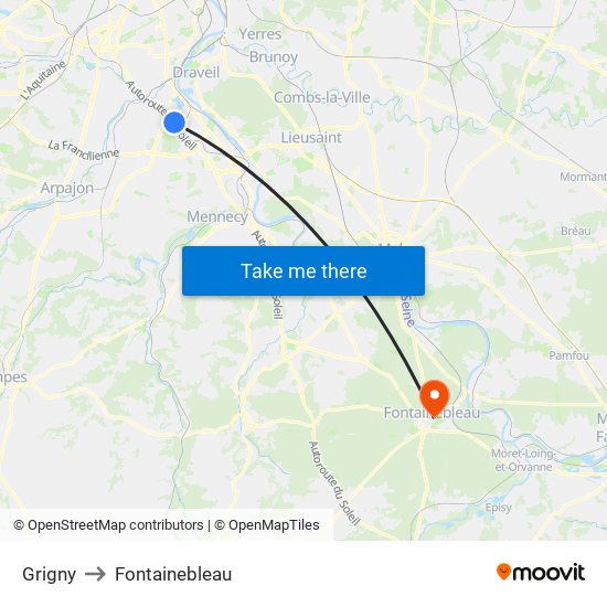 Grigny to Fontainebleau map
