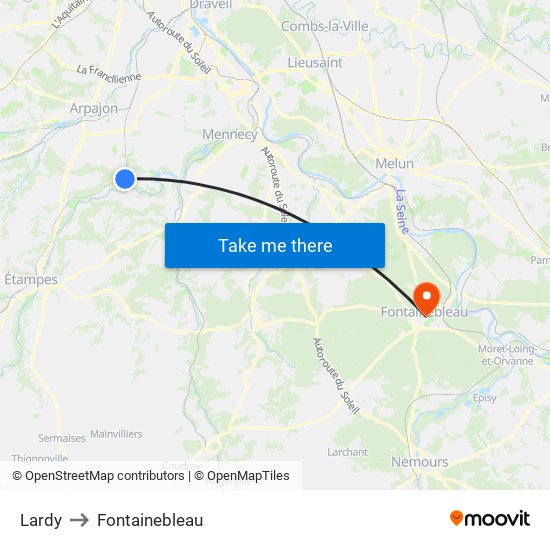 Lardy to Fontainebleau map