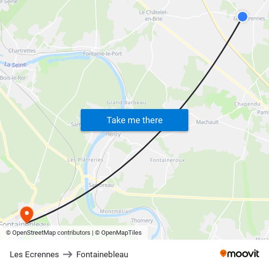 Les Ecrennes to Fontainebleau map