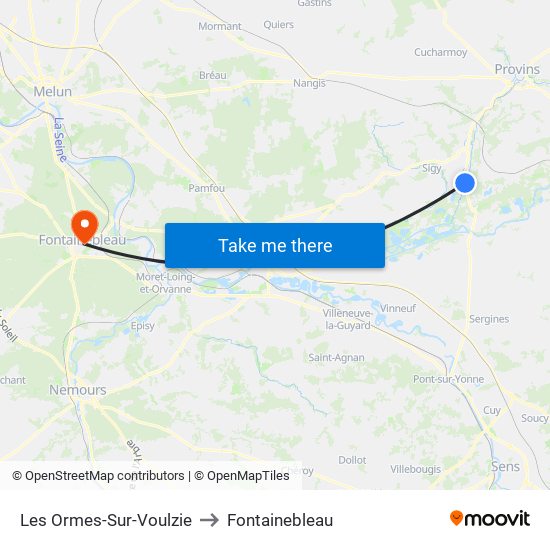 Les Ormes-Sur-Voulzie to Fontainebleau map