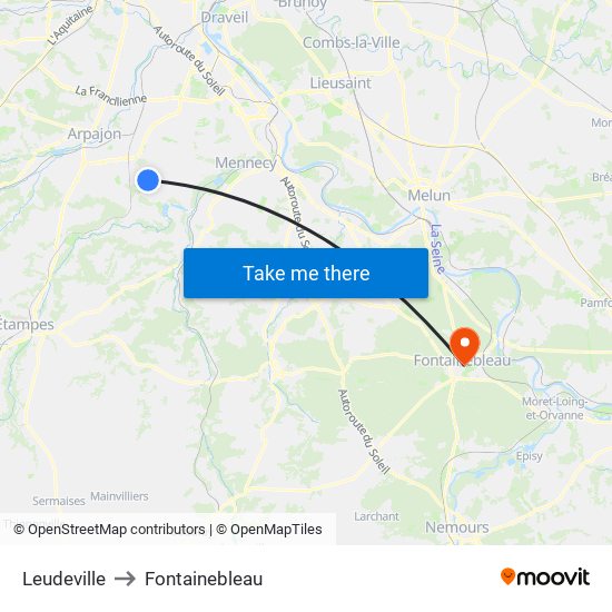 Leudeville to Fontainebleau map