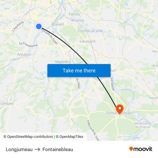 Longjumeau to Fontainebleau map