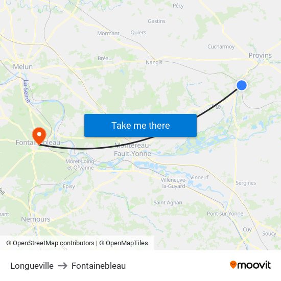 Longueville to Fontainebleau map
