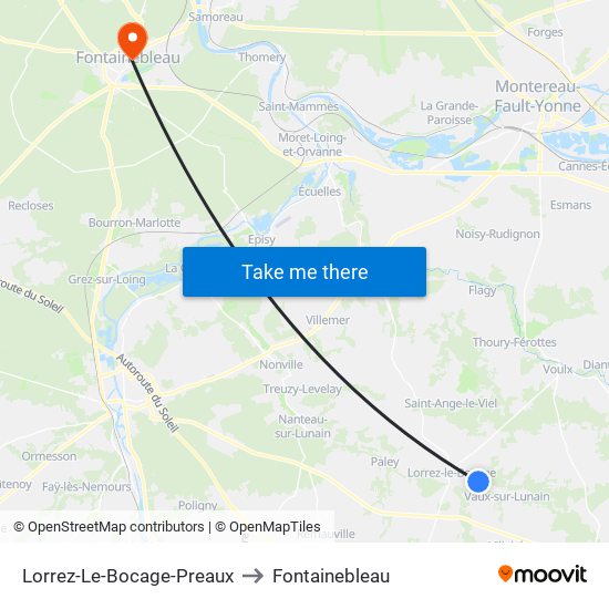 Lorrez-Le-Bocage-Preaux to Fontainebleau map