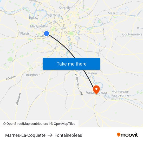 Marnes-La-Coquette to Fontainebleau map