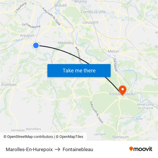 Marolles-En-Hurepoix to Fontainebleau map