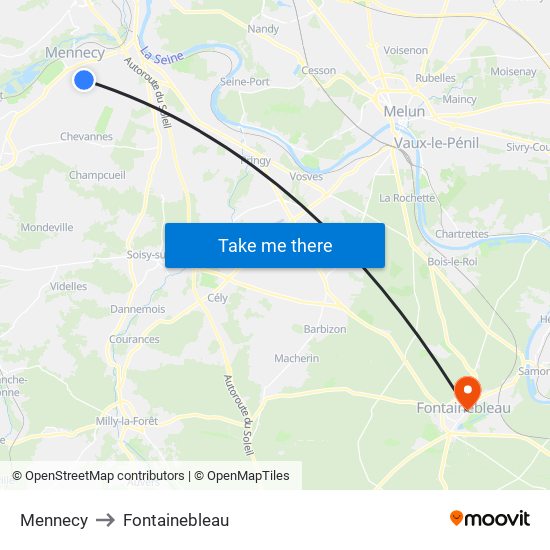 Mennecy to Fontainebleau map