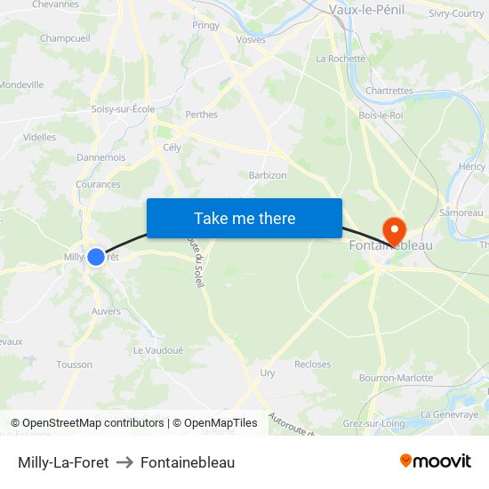 Milly-La-Foret to Fontainebleau map