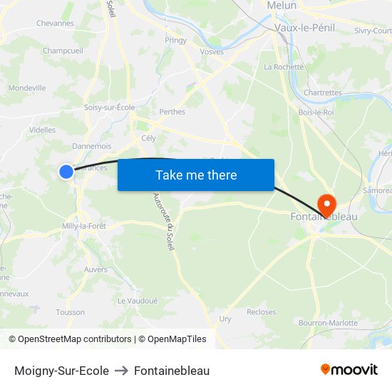 Moigny-Sur-Ecole to Fontainebleau map