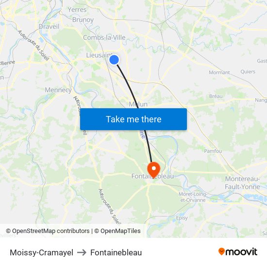 Moissy-Cramayel to Fontainebleau map