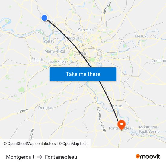 Montgeroult to Fontainebleau map