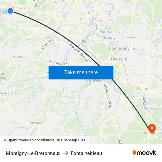 Montigny-Le-Bretonneux to Fontainebleau map