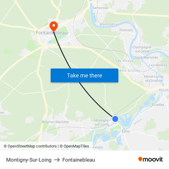 Montigny-Sur-Loing to Fontainebleau map