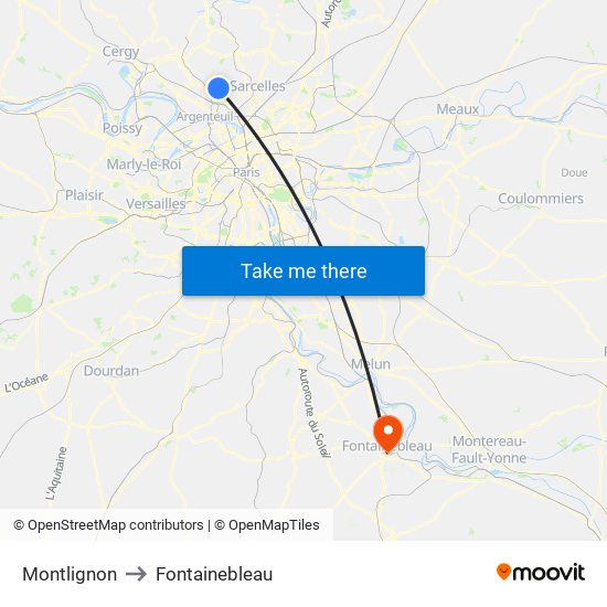 Montlignon to Fontainebleau map