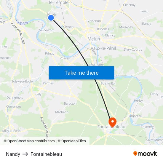 Nandy to Fontainebleau map