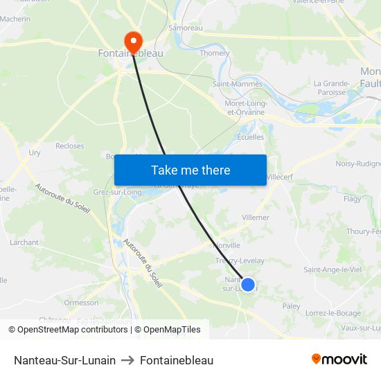 Nanteau-Sur-Lunain to Fontainebleau map
