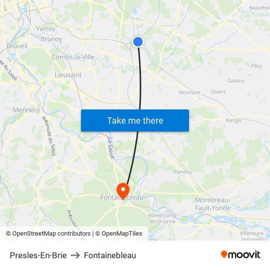 Presles-En-Brie to Fontainebleau map