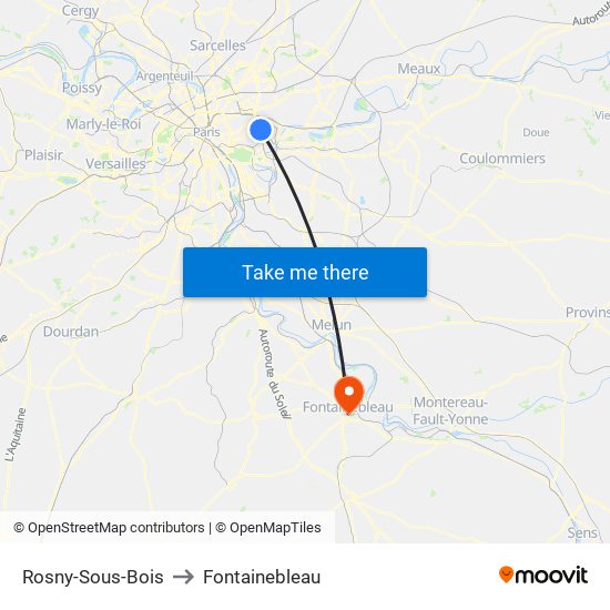 Rosny-Sous-Bois to Fontainebleau map