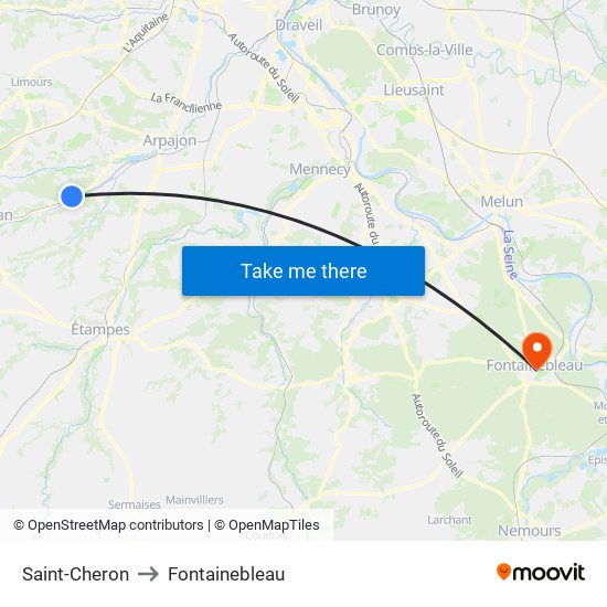Saint-Cheron to Fontainebleau map