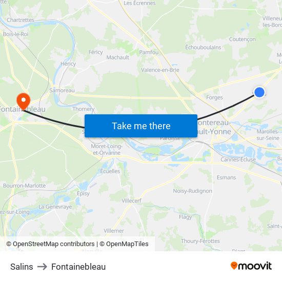 Salins to Fontainebleau map