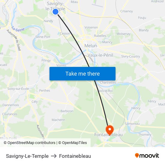 Savigny-Le-Temple to Fontainebleau map