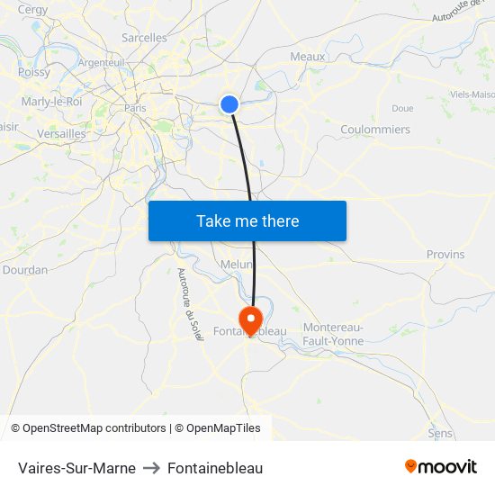 Vaires-Sur-Marne to Fontainebleau map