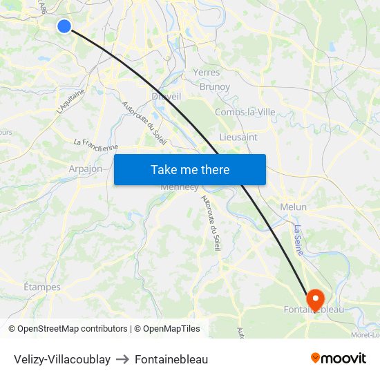 Velizy-Villacoublay to Fontainebleau map