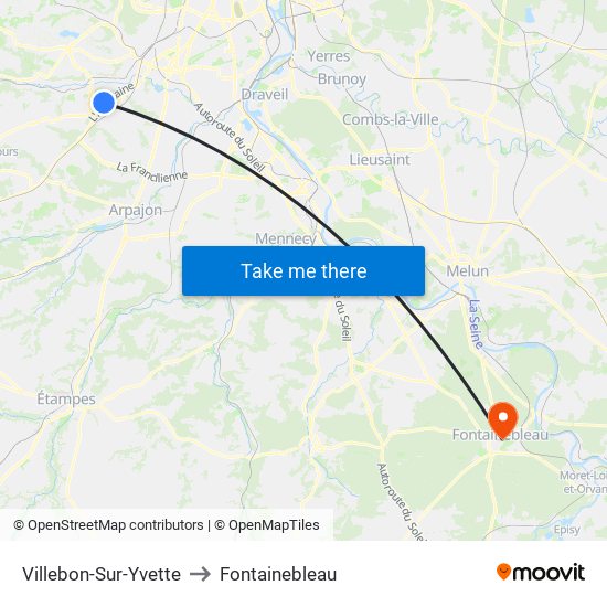 Villebon-Sur-Yvette to Fontainebleau map