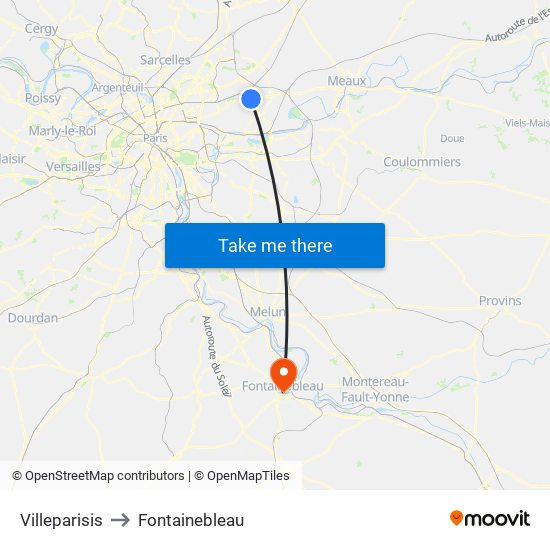 Villeparisis to Fontainebleau map
