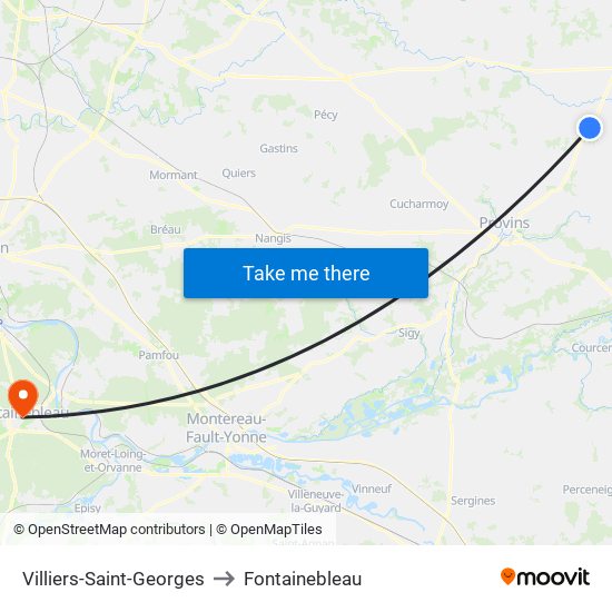 Villiers-Saint-Georges to Fontainebleau map