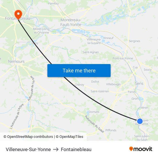 Villeneuve-Sur-Yonne to Fontainebleau map