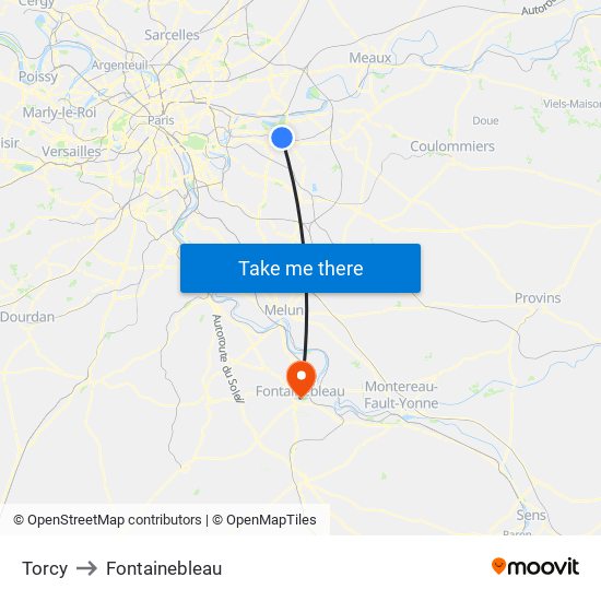 Torcy to Fontainebleau map